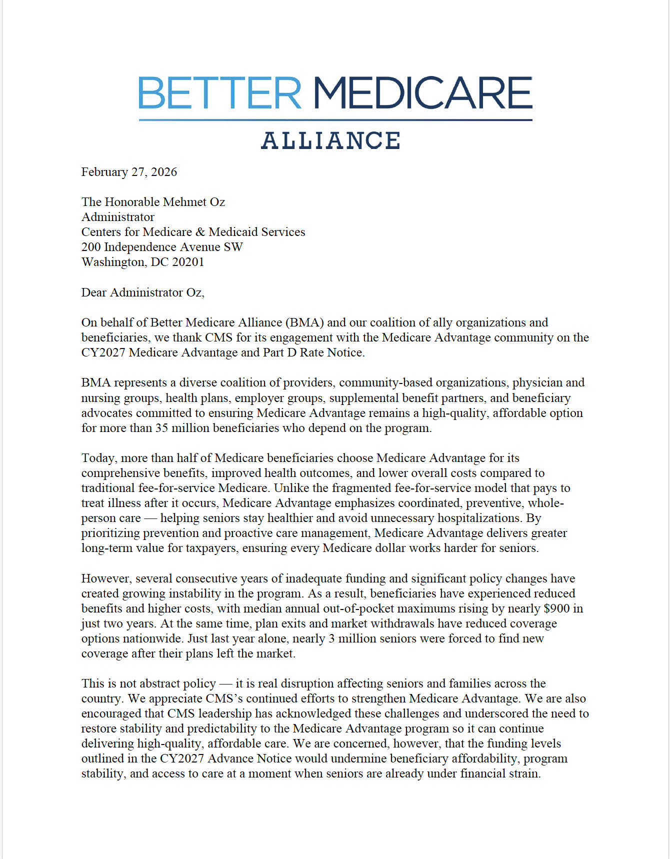 Ally Letter to CMS in Support of Medicare Advantage, CY 2027 - Better ...